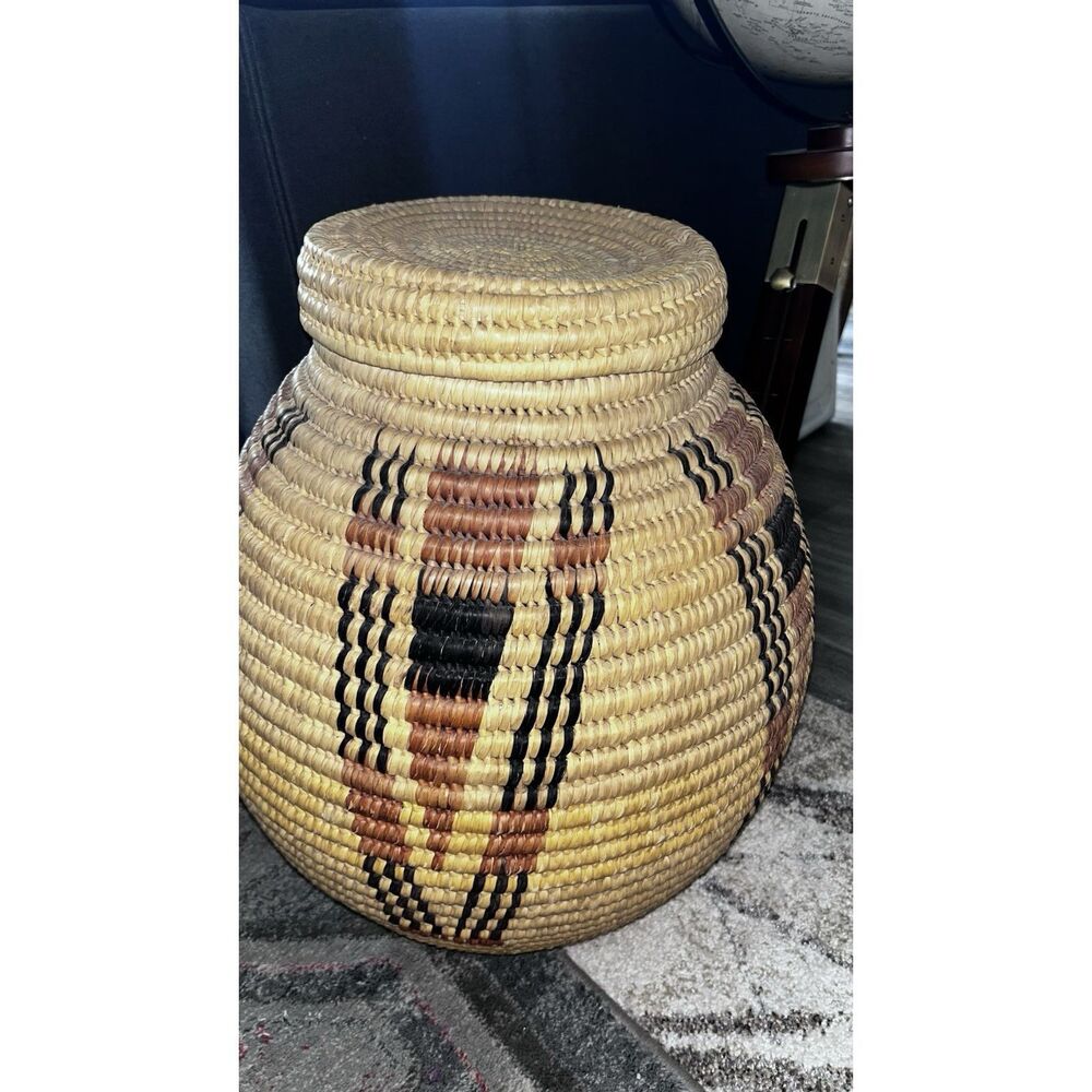 Kenya Vintage Weave Large Basket 24” Tall Beige Round With Lid